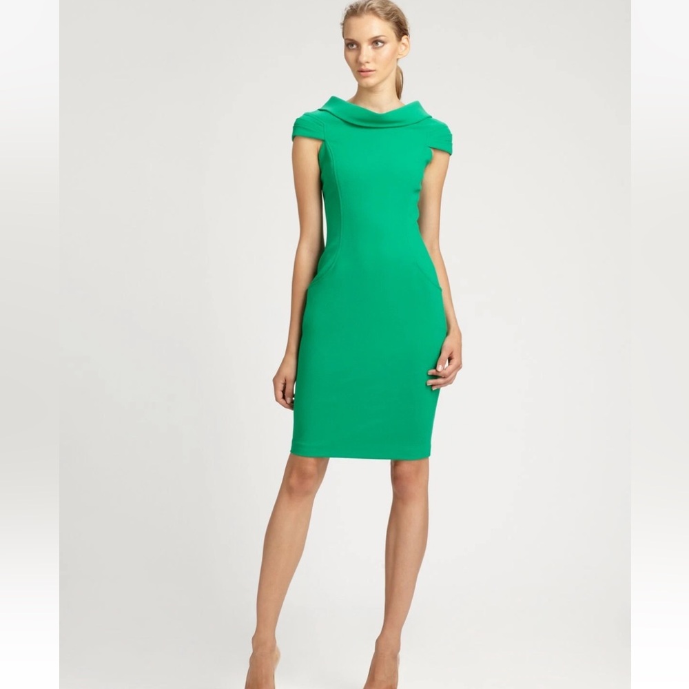 David Meister Green Stretch Crepe Dress size 4. Cowl neckline/short sleeves Nice